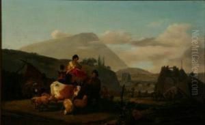 Travelers With Cow And Sheep In A Landscape by Michel Hamon-Duplessis