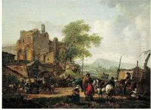 Scene De Campement Militaire Devant L'entree D'un Village