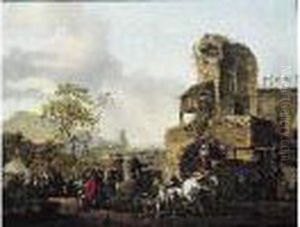 (actif A Versailles Au Xviiie Siecle) Cavaliers Et Paysans Dans La Cour De La Ferme by Michel Hamon-Duplessis
