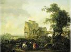 Paysage Aux Voyageurs Pres D'un Ponttoile. Paysage Aux Voyageurs Pres D'un Ponttoile.