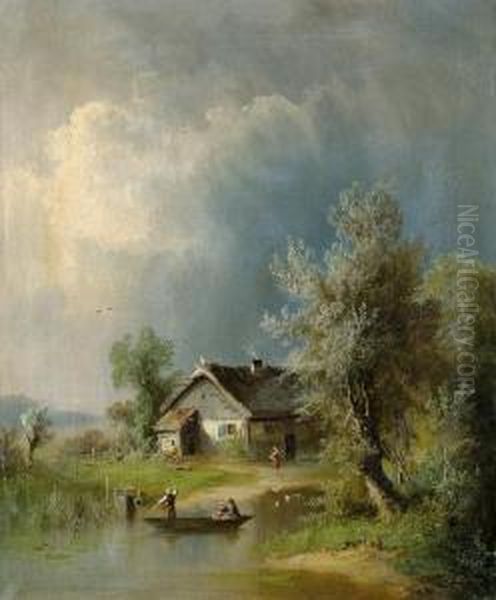 Seenlandschaft Mit Kleinem Ruderboot - view 1