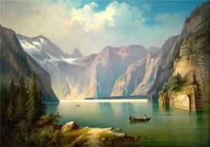 Blick Auf Den Konigssee Mit Personen In Einem Ruderboot
