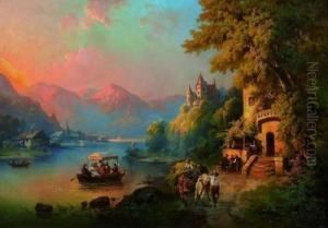 Romantischer Sonnenuntergang An Einem Bergsee