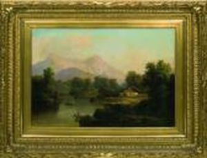 Unter Leicht Bewolktem
 Sommerhimmel Romantische Landschaft Mit Berghutte Und Personenstaffage Am Bewaldeten See by Guido Hampe