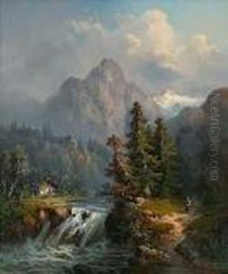 Flusslauf In Den Alpen Mit Gehoft Und Krautersammlerin
