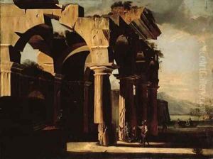 A capriccio of architectural ruins with figures