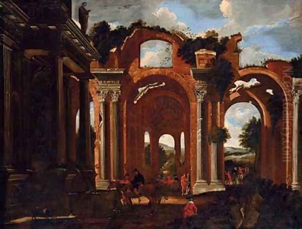 A capriccio of the Basilica of Constantine with travelers by a drinking trough and others resting - view 1