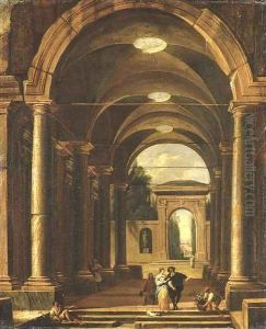 A portico leading to a garden with an elegant couple promenading