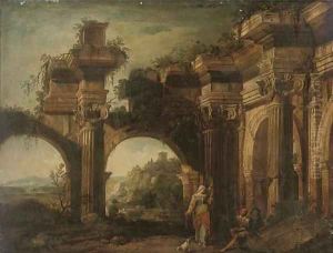 A capriccio of classical ruins with figures in the foreground