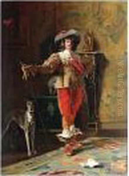 A Cavalier And His Dog, Signed
And Inscribed Wien, Oil On Paper Laid Down On Canvas, 63 X 50 Cm.; 24
3/4 X 19 3/4 In - view 1