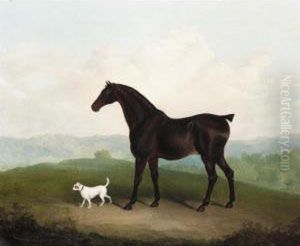 A Chestnut Hunter With A Dog In A Landscape