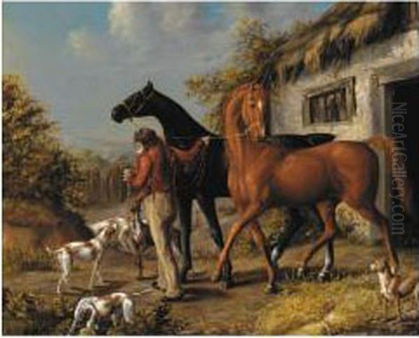 Two Hunters And A Groom Outside A Stable - view 1
