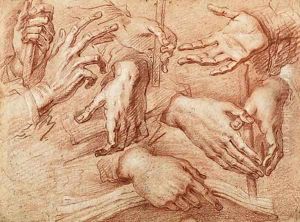 Eight studies of hands, one holding a stick, another a cross or book by Giovanni Battista Crespi (Cerano II)