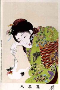 1973-22c Shin Bijin (True Beauties) depicting a woman playing with a kitten, from a series of 36, modelled on an earlier series by Toyohara Chikanobu