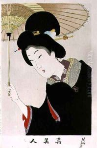 1973-22c Shin Bijin (True Beauties) depicting a woman with a parasol, from a series of 36, modelled on an earlier series by Toyohara Chikanobu