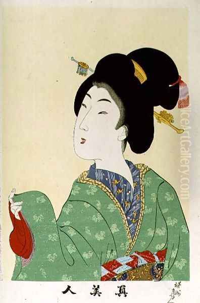 1973-22c Shin Bijin (True Beauties) depicting a woman in a green floral kimono, from a series of 36, modelled on an earlier series - view 1