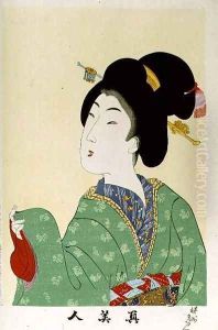 1973-22c Shin Bijin (True Beauties) depicting a woman in a green floral kimono, from a series of 36, modelled on an earlier series by Toyohara Chikanobu