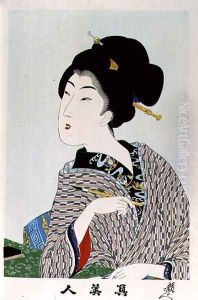 1973-22c Shin Bijin (True Beauties) depicting a woman holding a paintbrush, from a series of 36, modelled on an earlier series by Toyohara Chikanobu