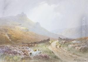 Landscape With Sheep On A Path; Fishingvessels In A Calm Sea by Charles E. Hannaford