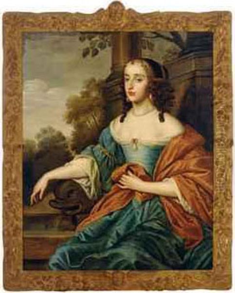 Portrait Of A Lady Wearing A Blue Dress, Seated In Alandscape - view 1
