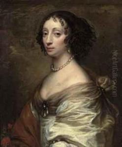 Portrait Of A Lady, Bust-length,
 In A White Satin Dress, With A Broach And Pearls, A Red Flower In The 
Foreground