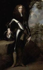 Portrait Of A Gentleman,
Full-length, In Armour, His Right Handresting On A Helmet, His Left
Holding A Baton, In A Landscape by Adriaen Hanneman