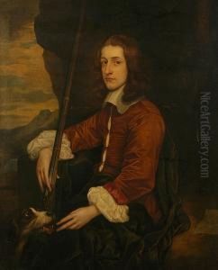 A Portrait Of Francis Potts 
Seated Half Length With His Gun And Hound, A Landscape Beyond