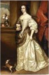 A Portrait Of A Lady, Standing
Full Length, Wearing A White Silk Dress With Green Shawl And Pearl
Jewellery, Holding A Lapdog by Adriaen Hanneman