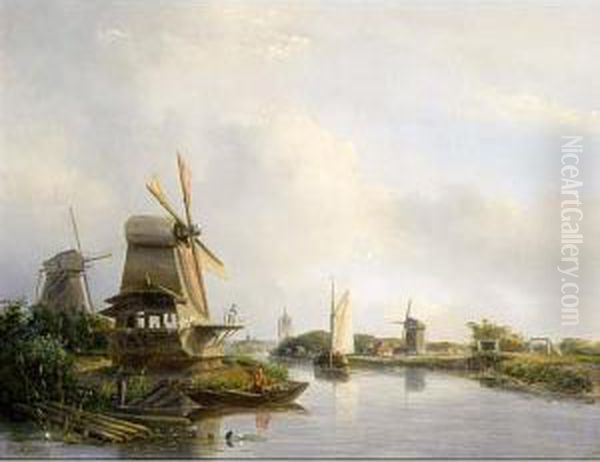 A River Landscape With Boats And An Angler Near A Mill - view 1