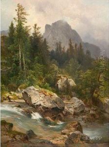 Blick Auf Einen Bewegten 
Flusslauf Mit Felsen Vorbewaldeter Alpenlandschaft Mit Gebirgsmassiv In 
Der Ferne by Anton Hansch