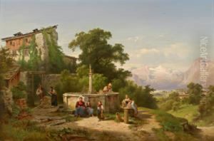 Lieto Incontro Alla Fontana Con Il Dachstein Sullo Sfondo by Anton Hansch
