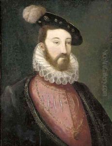 Portrait of a bearded nobleman, in a pink slashed doublet with a white ruff and a black jacket, wearing a medallion by Francois Clouet