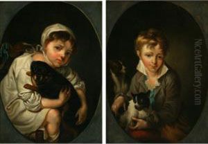 Portrait Of A Girl And A Boy With Dogs by Hans Hansen