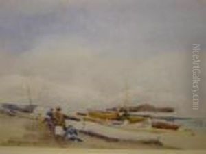 Beach Scene With Boats And Figures by Hans Hansen