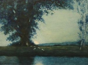 Moonlit Shepherd - Shepherd Tending His Flock Beneath A Tree Beside
A Moonlit River by Hans Jacob Hansen
