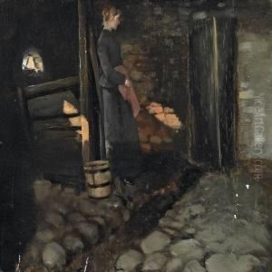 A Milk Maid In Astable Interior With Sunbeams by Hans Nicolaj Hansen
