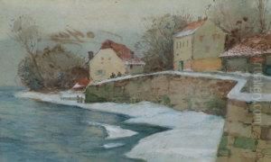 Hansen, Danish -- Winter River Landscape With Cottages by Hans Nicolaj Hansen