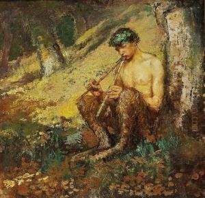 A Faun Is Playing The Flute In The Woods by Hans Nicolaj Hansen