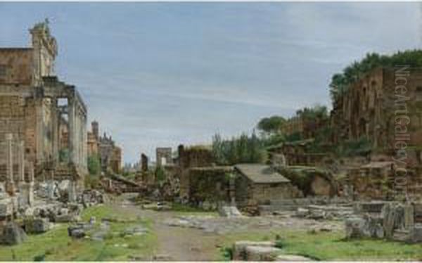 The Roman Forum: A View From The
 Via Sacra Looking East Towards The Arch Of Titus, The Temple Of 
Antoninus And Fausta To The Left, And The Palatine Rising To The Right. - view 1