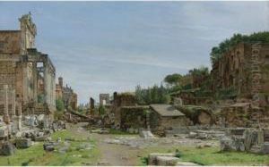 The Roman Forum: A View From The
Via Sacra Looking East Towards The Arch Of Titus, The Temple Of
Antoninus And Fausta To The Left, And The Palatine Rising To The Right. by Josef Theodor Hansen