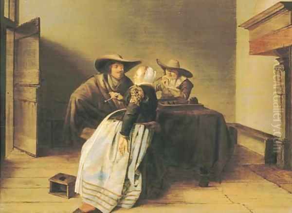 An interior with two soldiers and a lady - view 1