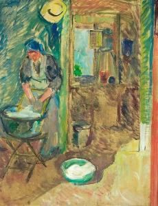 Interior With Woman Washing Clothes by Niels Hansen