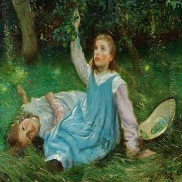 To Little Girls In Light Summer Dresses Under A Shadowy Tree - view 1