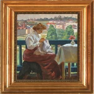 Woman With Her Needlework On A Terrace by Peter Marius Hansen
