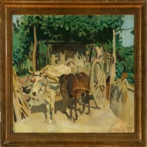 A Horse And An Ox Hitched To A Cart In Italy by Peter Marius Hansen
