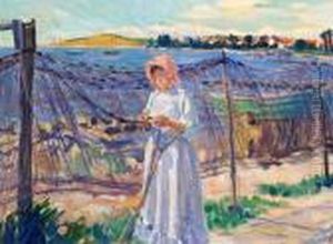 A Young Girl Mending The Fishing Nets On The Beach by Peter Marius Hansen