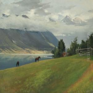 Mountain Landscape With A River And Grazing Horses by Sigvard Hansen