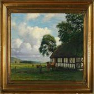 Summer Landscape With Grazing Cattle At A Farm. Signed And Dated Sigvard Hansen 1924 by Sigvard Hansen