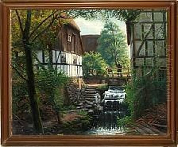 A Scenery With A Man On A Bridge By A Water Mill - view 1