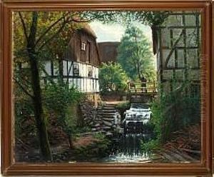 A Scenery With A Man On A Bridge By A Water Mill by Sigvard Hansen